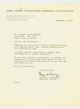 Carta del Secretario Asociados  de la Beca Guggenheim, Stephen L. Schlesinger